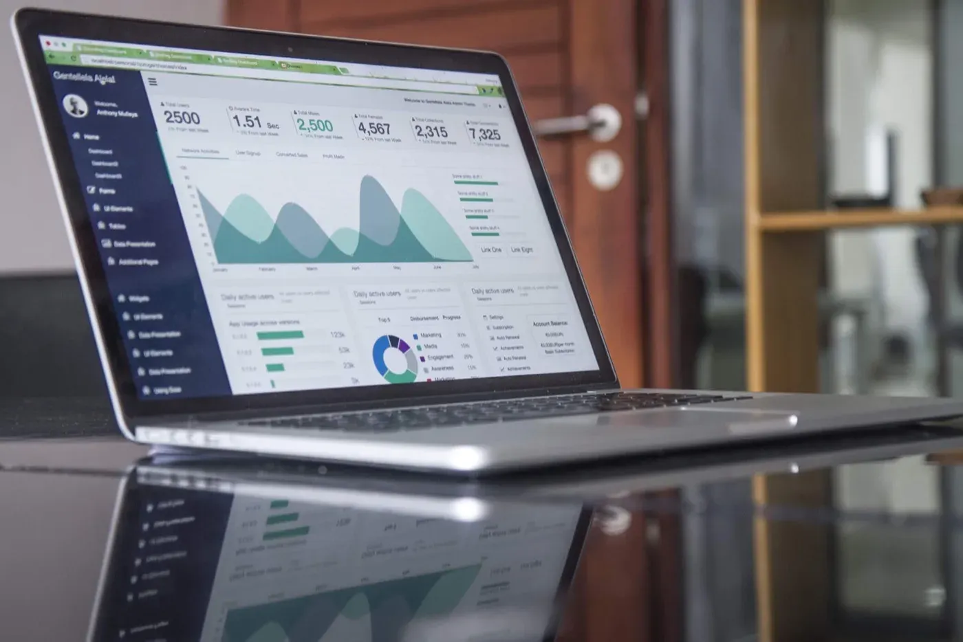 A laptop on a glossy office desk showing a web analytics dashboard, with summary figures across the top, an area chart of activity over several months and a small donut chart below.