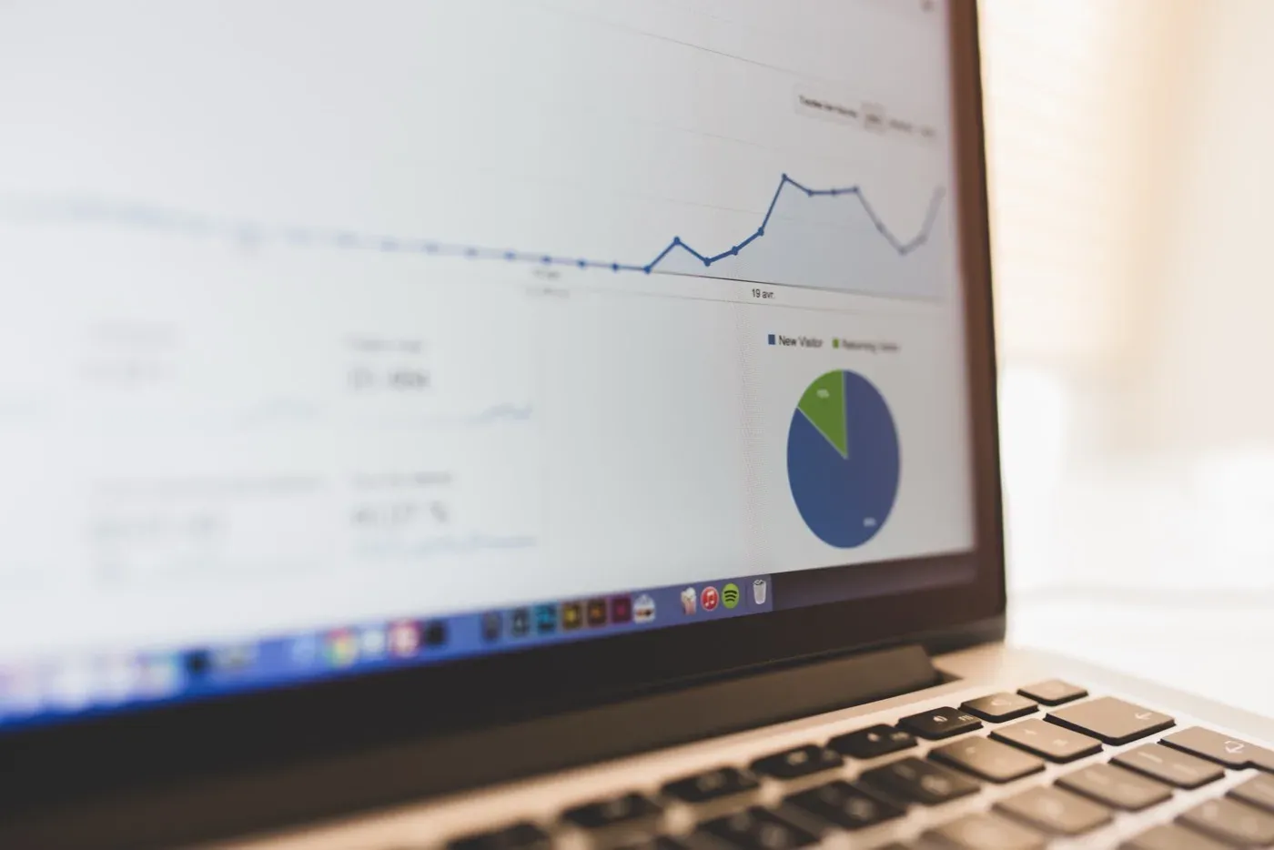 An open laptop on a light desk showing a website analytics dashboard, with a line graph of visitors trending upward over time and a small new-versus-returning pie chart.
